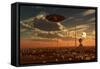 A Ufo and Alien on a Desert Wind Farm-Stocktrek Images-Framed Stretched Canvas