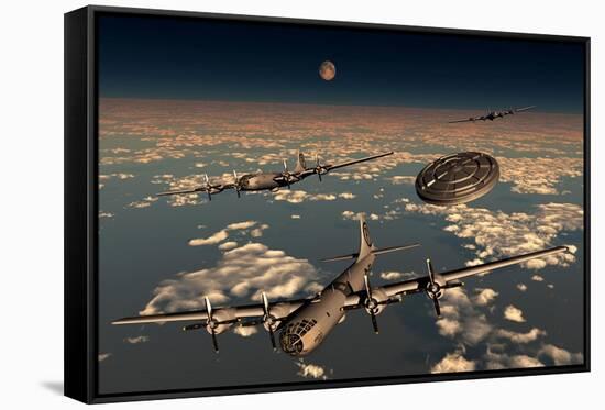 A Ufo Buzzing a Group of B-29 Superfortress Aircraft-null-Framed Stretched Canvas