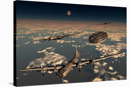 A Ufo Buzzing a Group of B-29 Superfortress Aircraft-null-Stretched Canvas