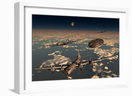 A Ufo Buzzing a Group of B-29 Superfortress Aircraft-null-Framed Premium Giclee Print