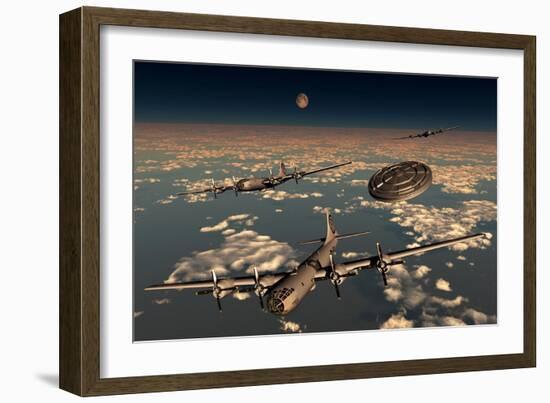 A Ufo Buzzing a Group of B-29 Superfortress Aircraft-null-Framed Art Print