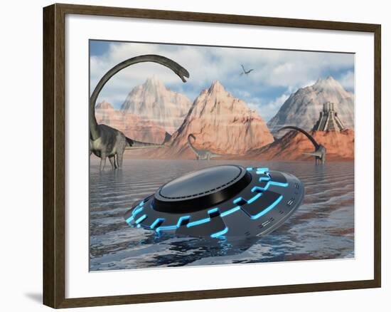 A UFO Catches the Attention of Curious Omeisaurus Dinosaurs-Stocktrek Images-Framed Photographic Print