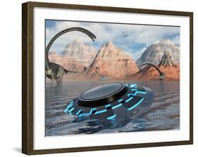 A UFO Catches the Attention of Curious Omeisaurus Dinosaurs-Stocktrek Images-Framed Photographic Print