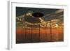 A Ufo Flying Above an Ocean Wind Farm at Sunset-Stocktrek Images-Framed Art Print