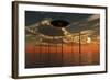 A Ufo Flying Above an Ocean Wind Farm at Sunset-Stocktrek Images-Framed Art Print