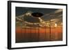 A Ufo Flying Above an Ocean Wind Farm at Sunset-Stocktrek Images-Framed Art Print