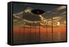 A Ufo Flying Above an Ocean Wind Farm at Sunset-Stocktrek Images-Framed Stretched Canvas