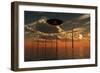 A Ufo Flying Above an Ocean Wind Farm at Sunset-Stocktrek Images-Framed Art Print