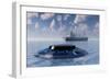 A Ufo Surfacing from Underwater and Following a Modern Day Freighter-null-Framed Art Print