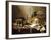 A Vanitas Still Life of Musical Instruments and Manuscripts, an Overturned Gilt Covered Goblet, a…-Pieter Claesz-Framed Giclee Print