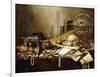 A Vanitas Still Life of Musical Instruments and Manuscripts, an Overturned Gilt Covered Goblet, a?-Pieter Claesz-Framed Giclee Print