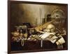 A Vanitas Still Life of Musical Instruments and Manuscripts, an Overturned Gilt Covered Goblet, a?-Pieter Claesz-Framed Giclee Print