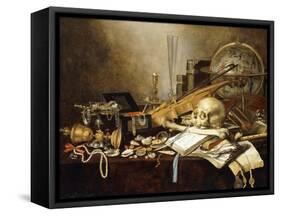 A Vanitas Still Life of Musical Instruments and Manuscripts, an Overturned Gilt Covered Goblet, a?-Pieter Claesz-Framed Stretched Canvas