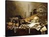 A Vanitas Still Life of Musical Instruments and Manuscripts, an Overturned Gilt Covered Goblet, a?-Pieter Claesz-Stretched Canvas