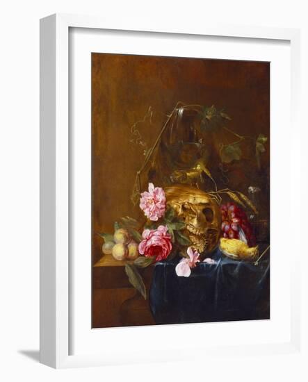 A Vanitas Still-Life with a Skull, a Conical Roemer,  a Dead Finch, Wheat, Grapes, Wild Roses and…-Nicolaes van Veerendael-Framed Giclee Print