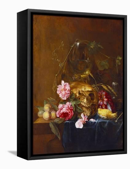 A Vanitas Still-Life with a Skull, a Conical Roemer,  a Dead Finch, Wheat, Grapes, Wild Roses and…-Nicolaes van Veerendael-Framed Stretched Canvas