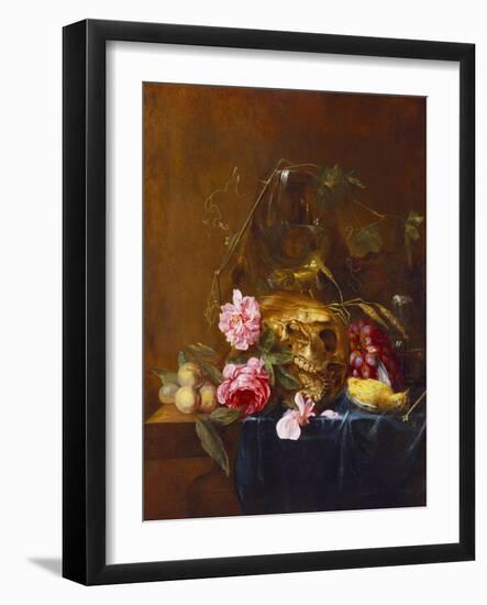 A Vanitas Still-Life with a Skull, a Conical Roemer,  a Dead Finch, Wheat, Grapes, Wild Roses and…-Nicolaes van Veerendael-Framed Giclee Print