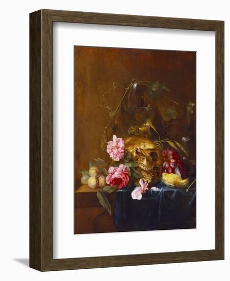 A Vanitas Still-Life with a Skull, a Conical Roemer,  a Dead Finch, Wheat, Grapes, Wild Roses and…-Nicolaes van Veerendael-Framed Giclee Print