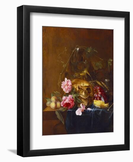 A Vanitas Still-Life with a Skull, a Conical Roemer,  a Dead Finch, Wheat, Grapes, Wild Roses and…-Nicolaes van Veerendael-Framed Giclee Print