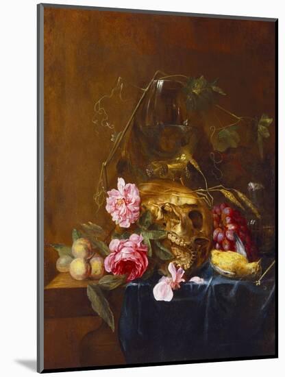 A Vanitas Still-Life with a Skull, a Conical Roemer,  a Dead Finch, Wheat, Grapes, Wild Roses and…-Nicolaes van Veerendael-Mounted Giclee Print