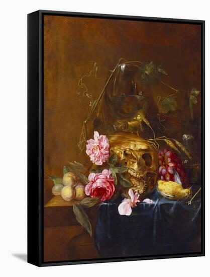 A Vanitas Still-Life with a Skull, a Conical Roemer,  a Dead Finch, Wheat, Grapes, Wild Roses and…-Nicolaes van Veerendael-Framed Stretched Canvas