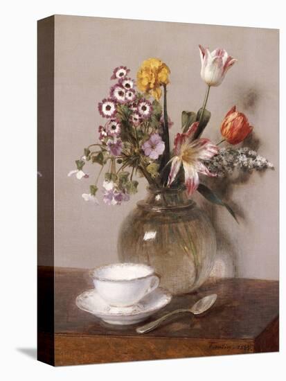 A Vase of Flowers with a Coffee Cup-Henri Fantin-Latour-Stretched Canvas