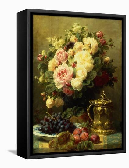 A Vase of Roses and a Tankard on a Table-Jean Baptiste Robie-Framed Stretched Canvas