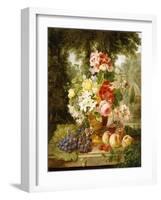 A Vase of Summer Flowers and Fruit on a Ledge in a Landscape, 1867-William John Wainwright-Framed Giclee Print