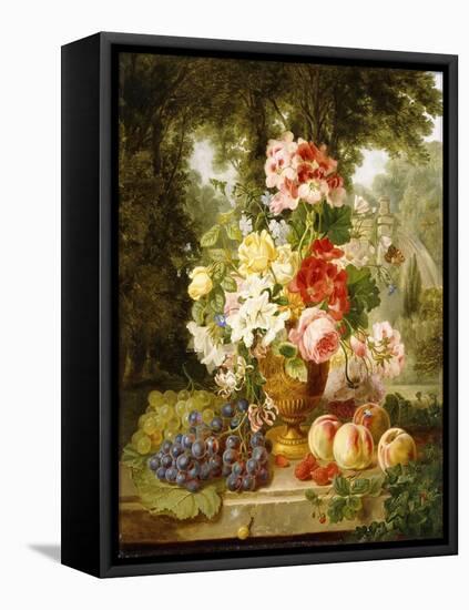 A Vase of Summer Flowers and Fruit on a Ledge in a Landscape, 1867-William John Wainwright-Framed Stretched Canvas