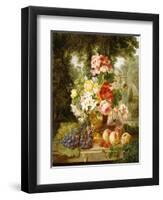 A Vase of Summer Flowers and Fruit on a Ledge in a Landscape, 1867-William John Wainwright-Framed Giclee Print