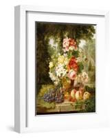 A Vase of Summer Flowers and Fruit on a Ledge in a Landscape, 1867-William John Wainwright-Framed Giclee Print