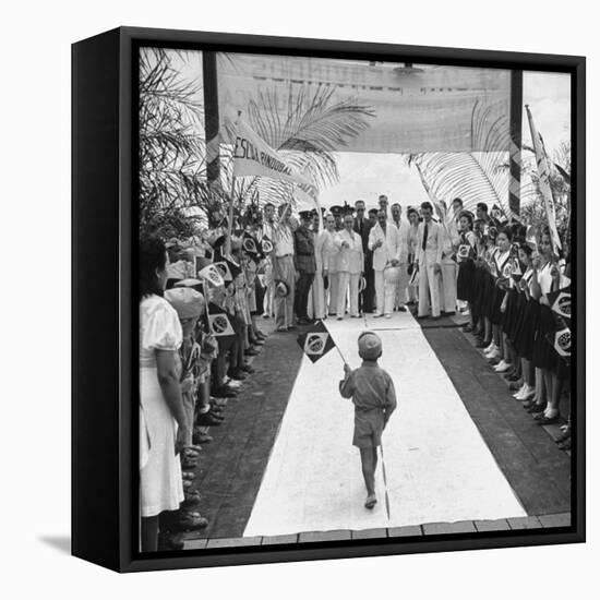 A Very Young Brazilian Boy Giving President Getulio Vargas a Speech-Hart Preston-Framed Stretched Canvas
