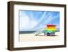 A Vibrant Photo of a Lifeguard Tower in the Colors of the Pride Flag-karandaev-Framed Photographic Print