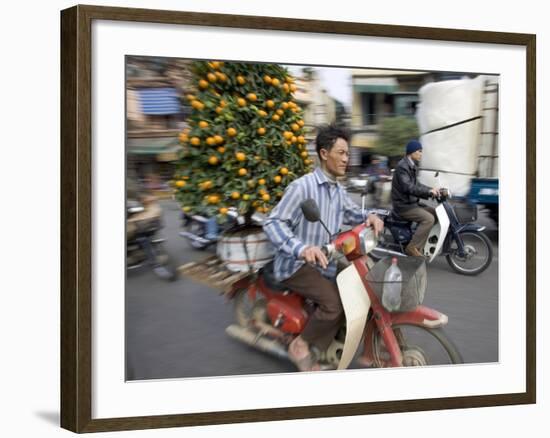 A Vietnamese Vendor Races Down a Street on a Motorbike Carrying a Kumquat Tree for Sale-null-Framed Photographic Print