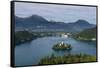 A view from above of Lake Bled and the Assumption of Mary Pilgrimage Church, Bled, Slovenia, Europe-Sergio Pitamitz-Framed Stretched Canvas
