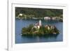 A view from above of Lake Bled and the Assumption of Mary Pilgrimage Church, Slovenia, Europe-Sergio Pitamitz-Framed Photographic Print