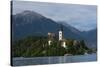 A view from above of Lake Bled and the Assumption of Mary Pilgrimage Church, Slovenia, Europe-Sergio Pitamitz-Stretched Canvas