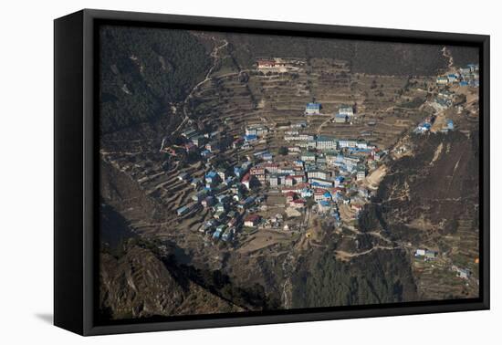 A view from Kongde looking down on Namche, the biggest village in Khumbu, the Everest region, Nepal-Alex Treadway-Framed Stretched Canvas