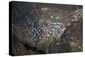 A view from Kongde looking down on Namche, the biggest village in Khumbu, the Everest region, Nepal-Alex Treadway-Stretched Canvas
