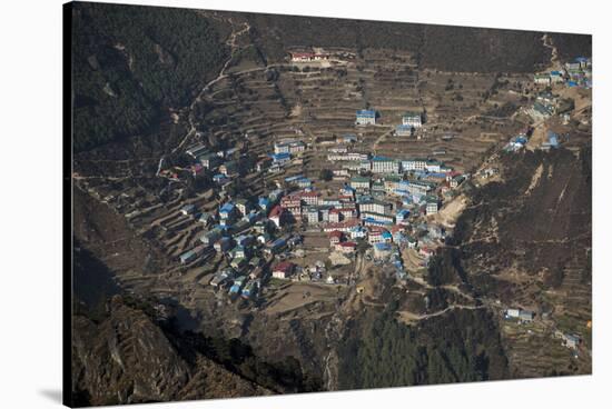 A view from Kongde looking down on Namche, the biggest village in Khumbu, the Everest region, Nepal-Alex Treadway-Stretched Canvas