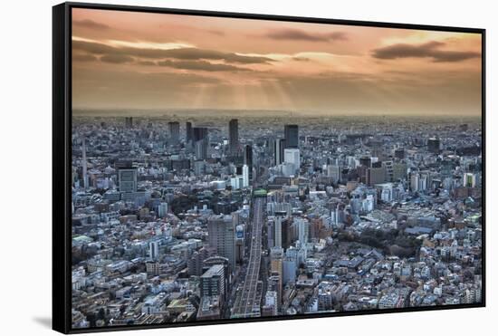 A view from the Mori Building of sunset over Tokyo-Sheila Haddad-Framed Stretched Canvas