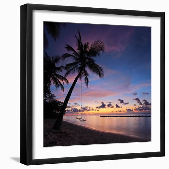 A View of a Beach with Palm Trees and Swing at Sunset, Kuredu Island, Maldives, Lhaviyani Atoll-Ljsphotography-Framed Photographic Print