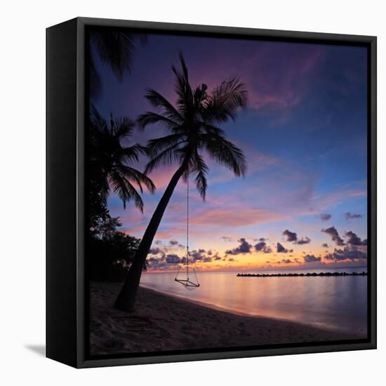 A View of a Beach with Palm Trees and Swing at Sunset, Kuredu Island, Maldives, Lhaviyani Atoll-Ljsphotography-Framed Stretched Canvas