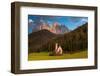 A view of Odle Group mountain and Saint Johann Church. Funes, Trentino Alto Adige, Italy.-Sergio Pitamitz-Framed Photographic Print