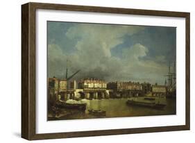 A View of Old London Bridge with Barges on the Thames-Samuel Scott-Framed Giclee Print