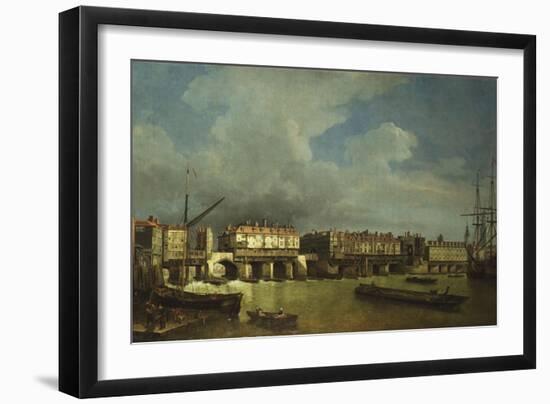 A View of Old London Bridge with Barges on the Thames-Samuel Scott-Framed Giclee Print