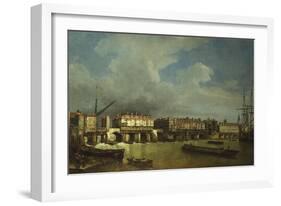 A View of Old London Bridge with Barges on the Thames-Samuel Scott-Framed Giclee Print