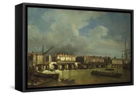 A View of Old London Bridge with Barges on the Thames-Samuel Scott-Framed Stretched Canvas