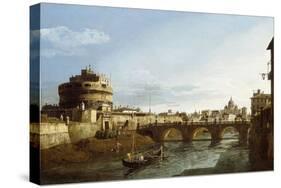 A View of Rome looking West, with Boats along the Tiber and the Castel Saint'Angelo in the distance-Bernardo Bellotto-Stretched Canvas