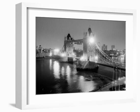 A View of Tower Bridge on the River Thames Illuminated at Night in London, April 1987-null-Framed Premium Photographic Print